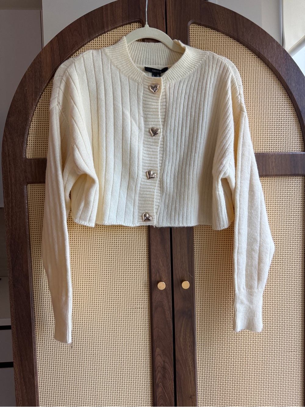 F21 Ribbed Cropped Cardigan Sweater with Heart Buttons - size XS